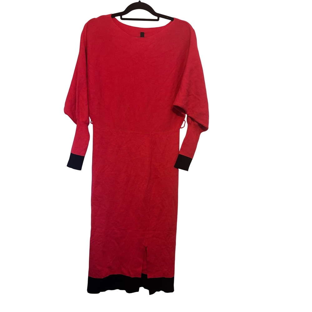 Hot Pink Knit Midi Dress Dolman Sleeve Black Trim‎ Elegant Womens Large NWT